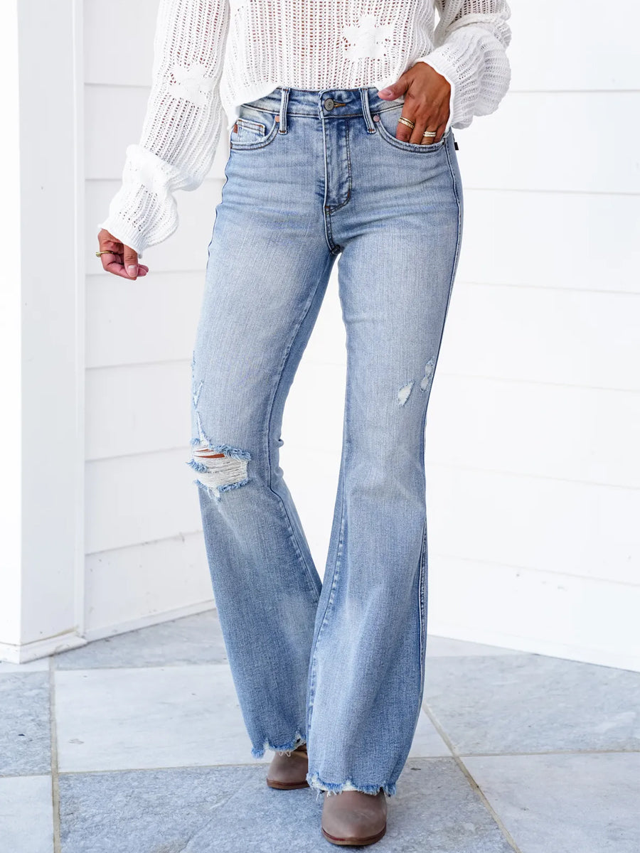 Judy Blue Date Night Mid Rise Medium Wash Tummy Control Distressed Flare Jeans