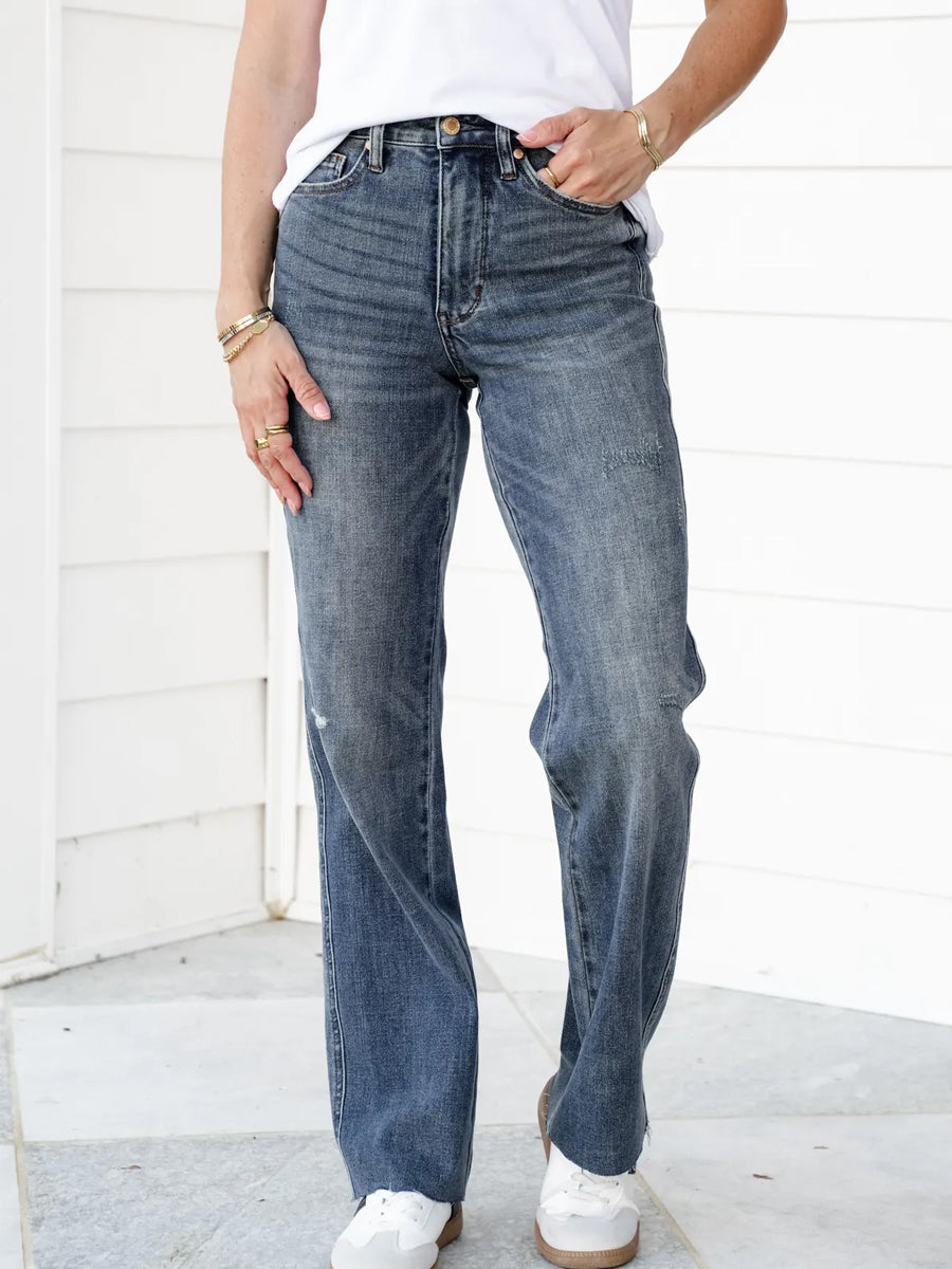 Judy Blue Straighten Up High Rise Medium Wash Tummy Control Raw Hem Straight Leg Jeans