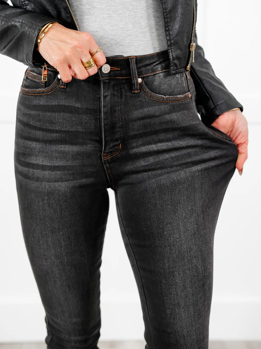 Judy Blue Black Dog High Rise Black Wash with Contrast Thread Tummy Control Skinny Jeans