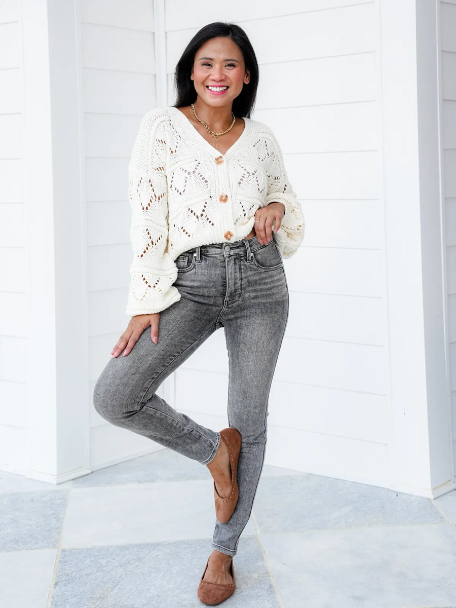 Judy Blue Smoke Show Mid Rise Grey Tummy Control Skinny Jeans with Shield Pockets