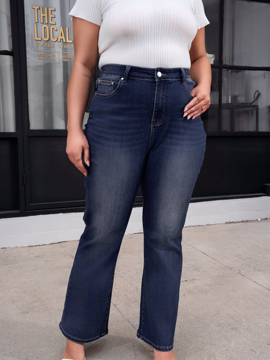 Dark Blue Plus Size Stitching Washed Flare Jeans