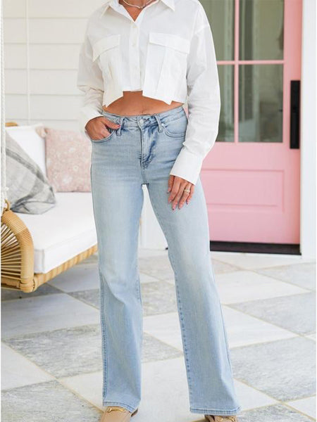 High Rise Vintage Wash Tummy Control Top Straight Leg Jeans