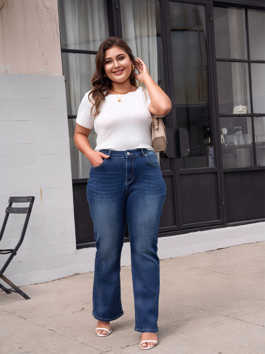 Dark Blue Plus Size Stitching Washed Flare Jeans