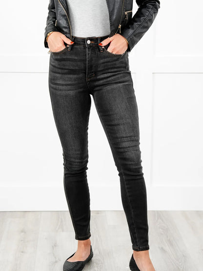 Judy Blue Black Dog High Rise Black Wash with Contrast Thread Tummy Control Skinny Jeans