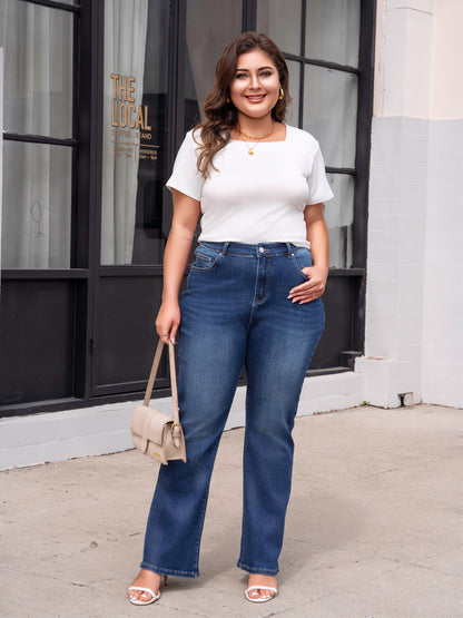 Dark Blue Plus Size Stitching Washed Flare Jeans