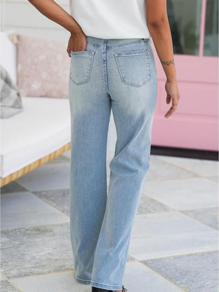 High Rise Vintage Wash Tummy Control Top Straight Leg Jeans