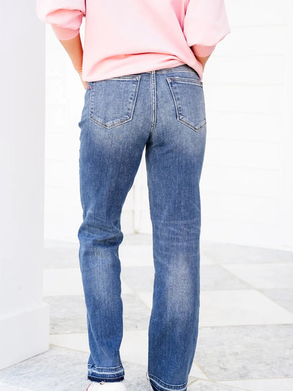 Judy Blue Stop and Look Mid Rise Dark Wash Dad Jeans with Release Hem