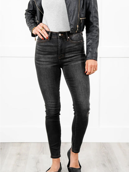 Judy Blue Black Dog High Rise Black Wash with Contrast Thread Tummy Control Skinny Jeans