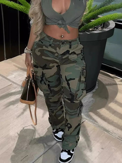 Women's High Waist Straight Tube Camouflage Cargo Pants