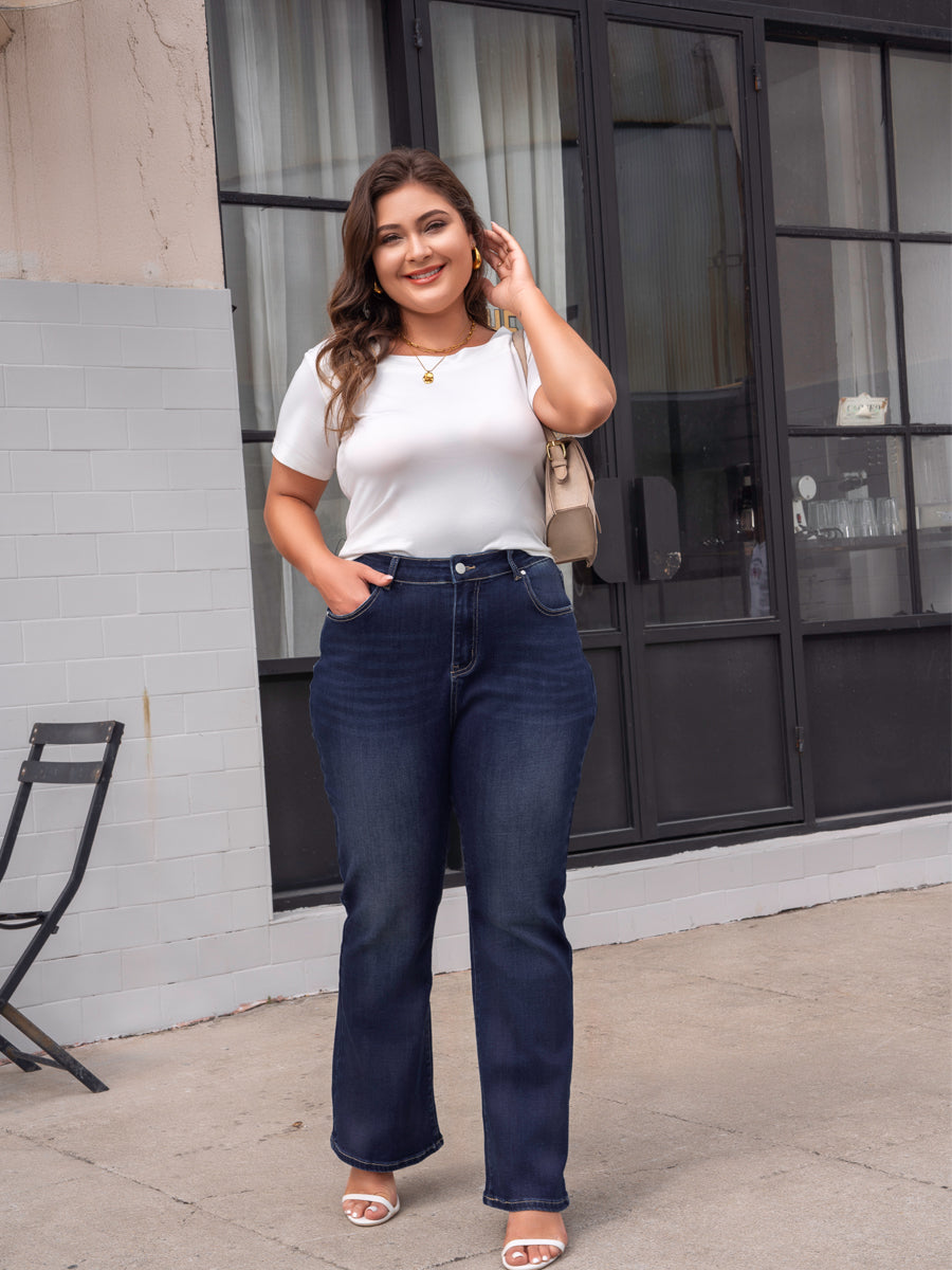 Dark Blue Plus Size Stitching Washed Flare Jeans