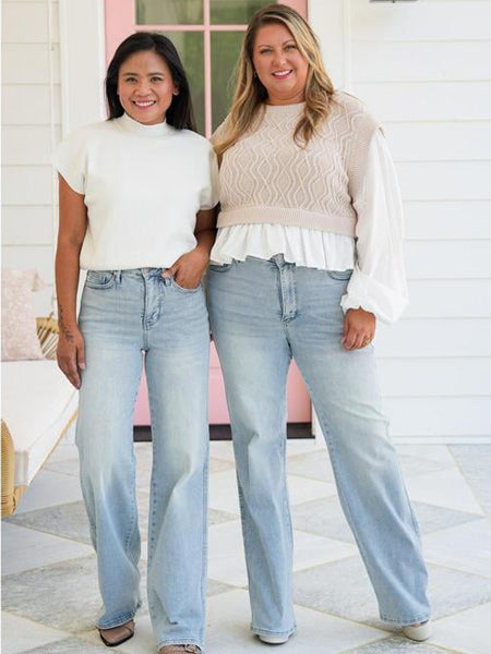 High Rise Vintage Wash Tummy Control Top Straight Leg Jeans