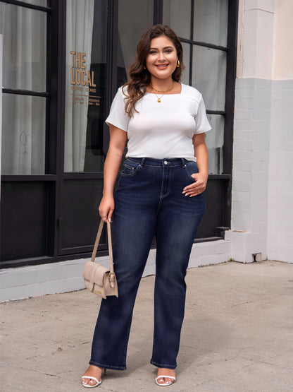 Dark Blue Plus Size Stitching Washed Flare Jeans