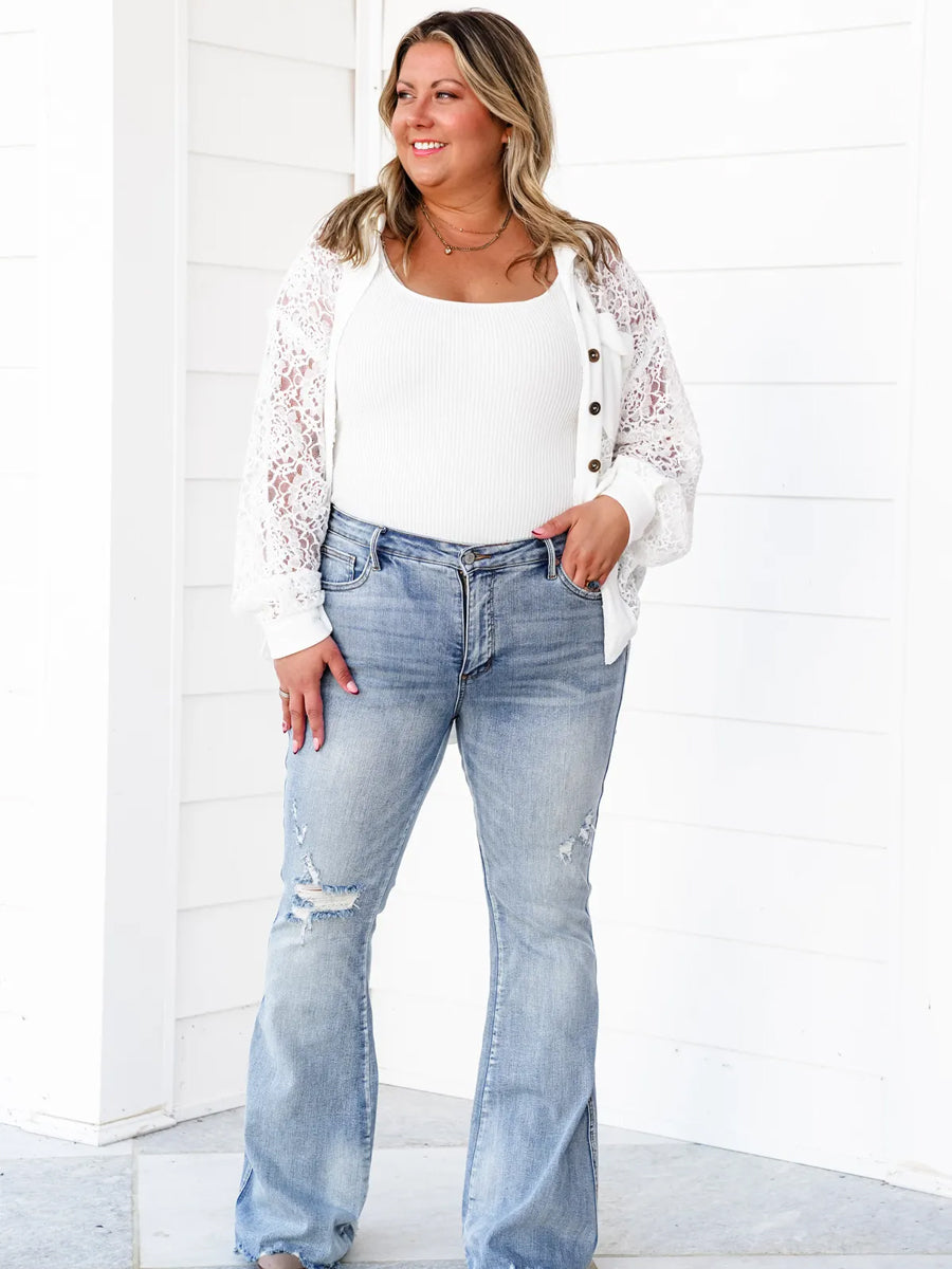 Judy Blue Date Night Mid Rise Medium Wash Tummy Control Distressed Flare Jeans