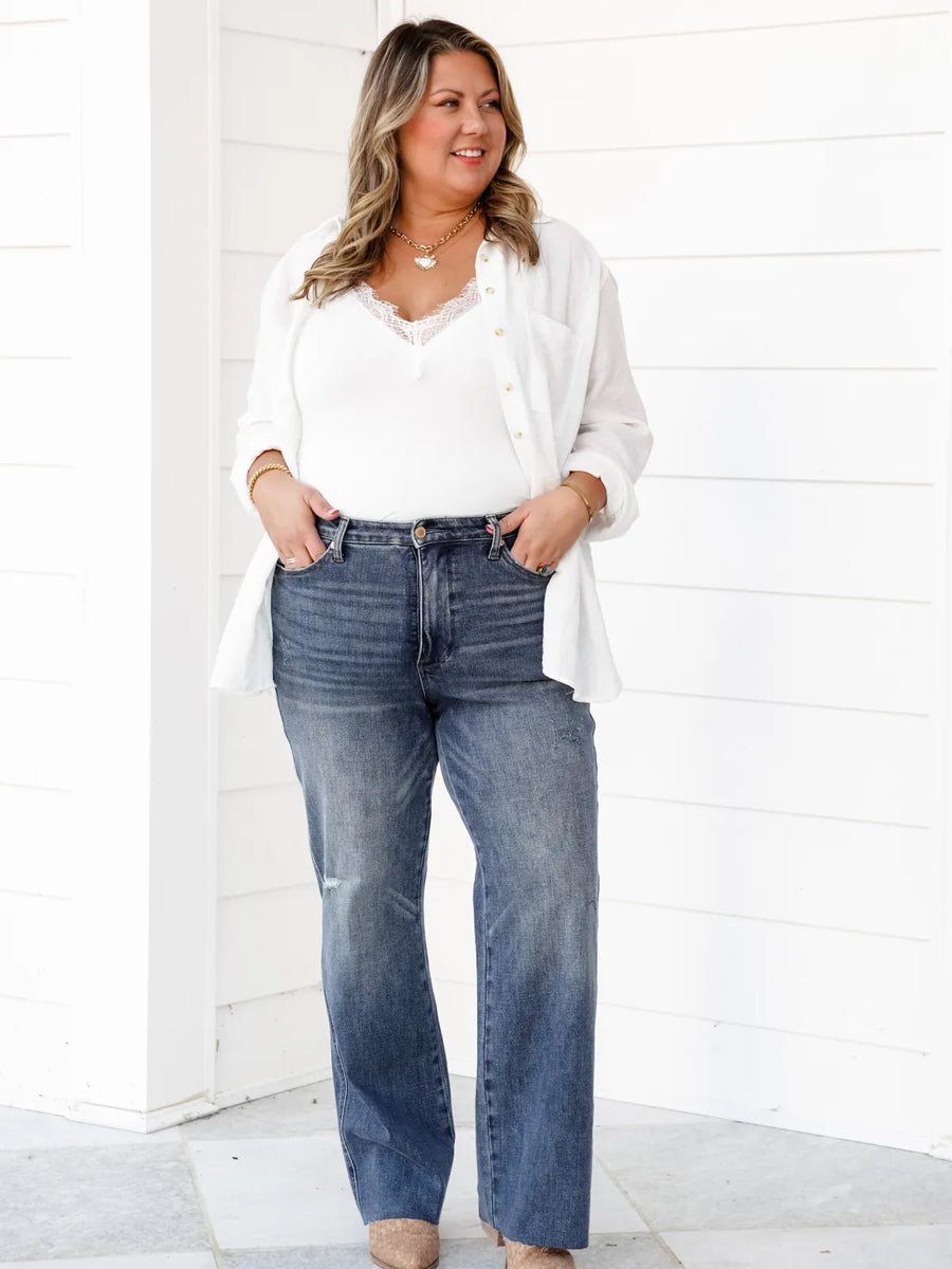 Judy Blue Straighten Up High Rise Medium Wash Tummy Control Raw Hem Straight Leg Jeans