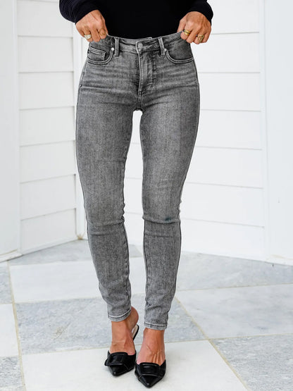 Judy Blue Smoke Show Mid Rise Grey Tummy Control Skinny Jeans with Shield Pockets