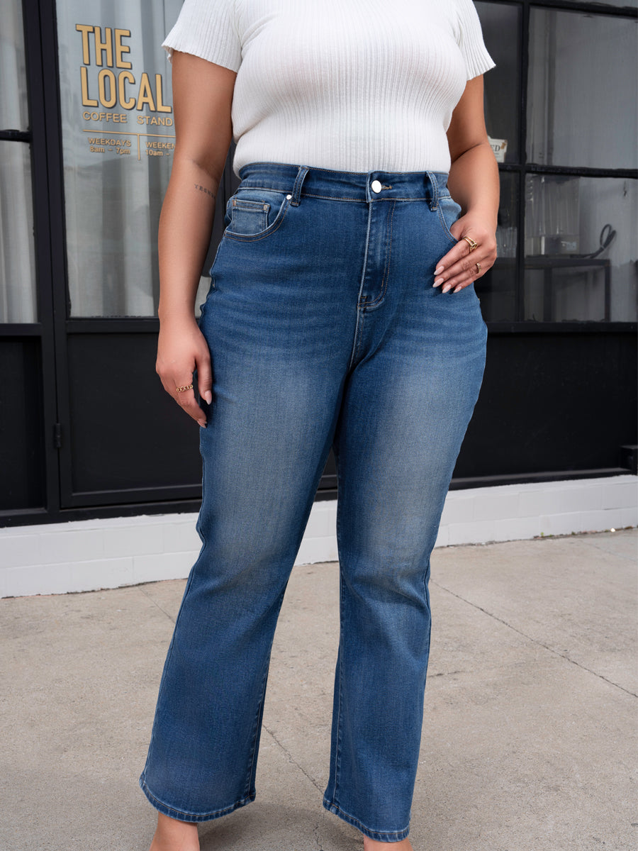 Dark Blue Plus Size Stitching Washed Flare Jeans