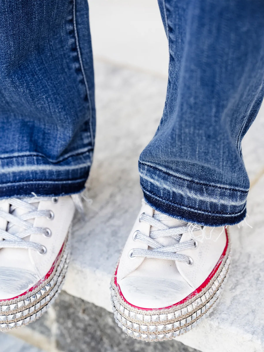 Judy Blue Stop and Look Mid Rise Dark Wash Dad Jeans with Release Hem