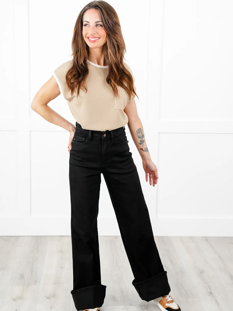 Judy Blue Retrograde High Rise Black Wide Leg Jeans with Cuff