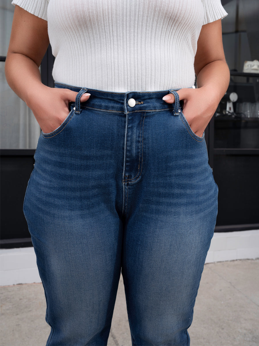 Dark Blue Plus Size Stitching Washed Flare Jeans