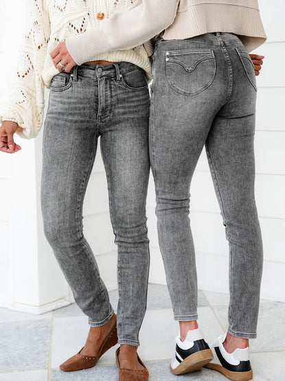 Judy Blue Smoke Show Mid Rise Grey Tummy Control Skinny Jeans with Shield Pockets