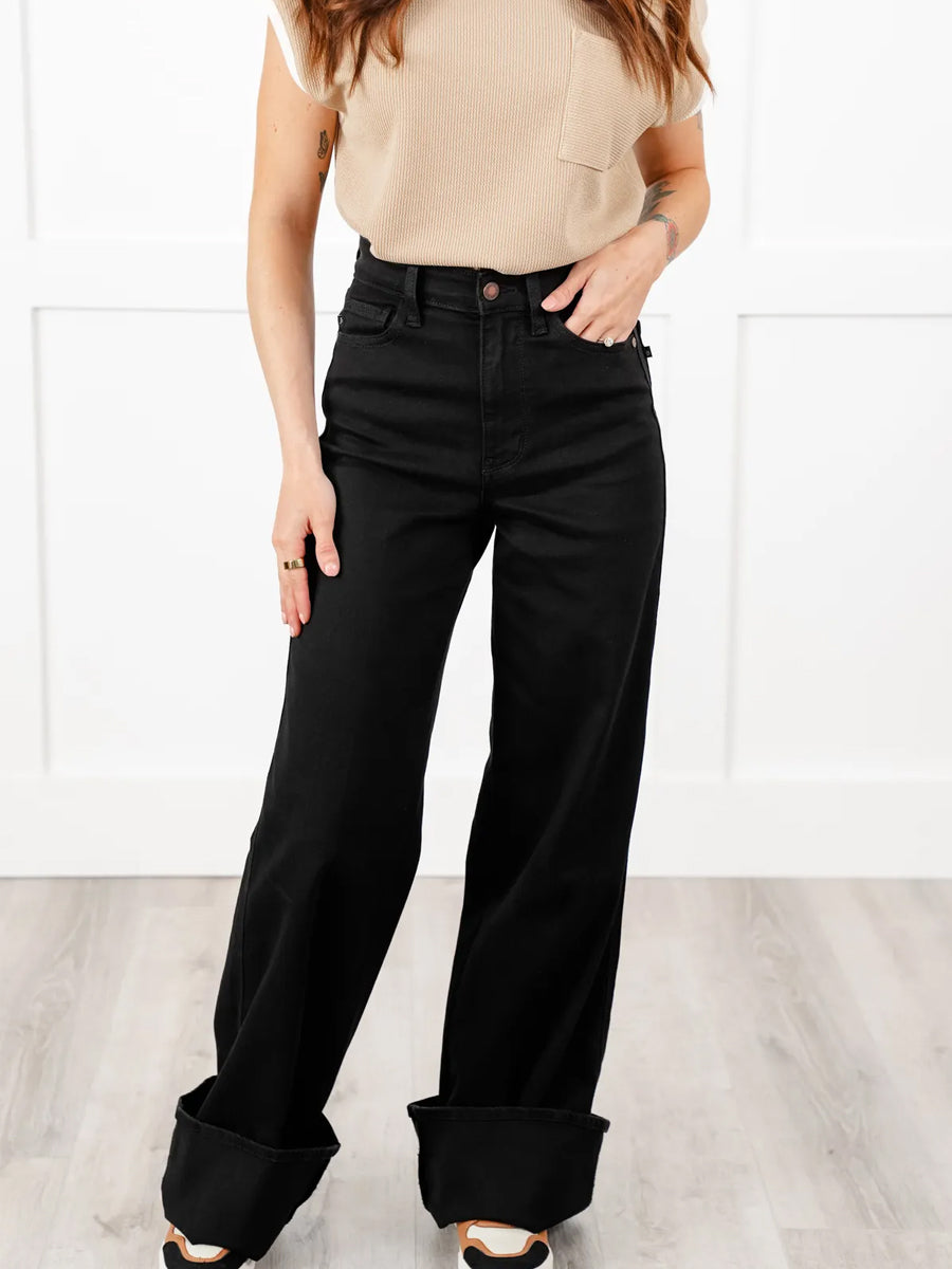 Judy Blue Retrograde High Rise Black Wide Leg Jeans with Cuff