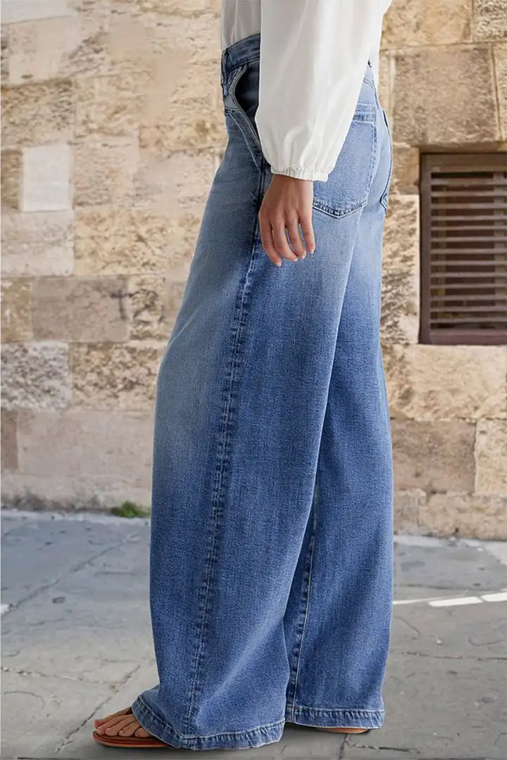 Wash Stitch Decor Wide Leg Mid Rise Jeans Without Belt