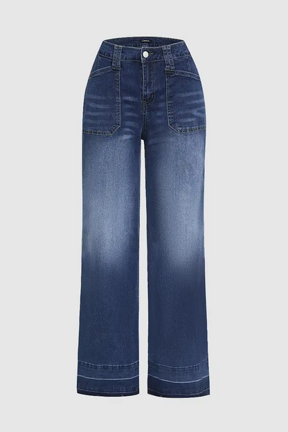 Wash Stitch Detail Mid Waist Wide Leg Jeans Without Belt