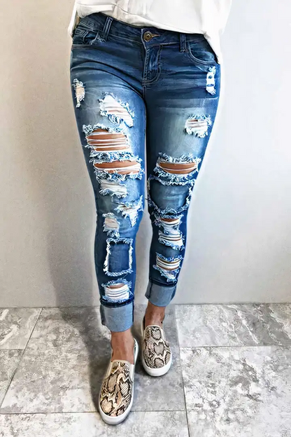 Cut Out Roll Hem Wash High Stretch Low Waist Skinny Jeans