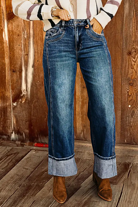 Roll Hem Wash Mid Waist Straight Leg Jeans