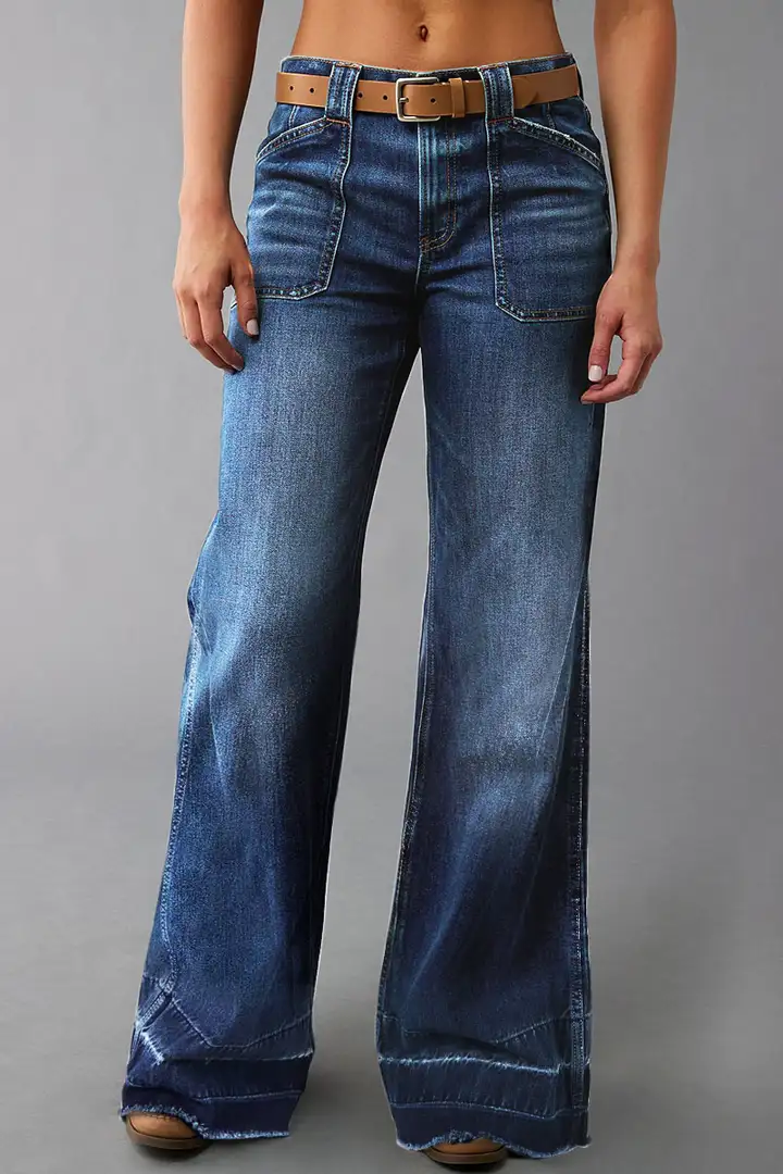 Wash Stitch Detail Mid Waist Wide Leg Jeans Without Belt