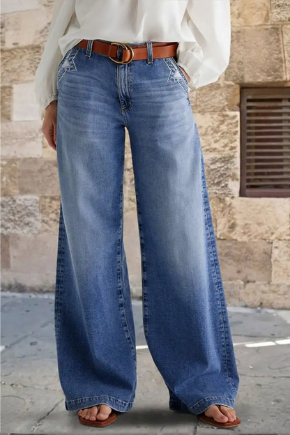 Wash Stitch Decor Wide Leg Mid Rise Jeans Without Belt