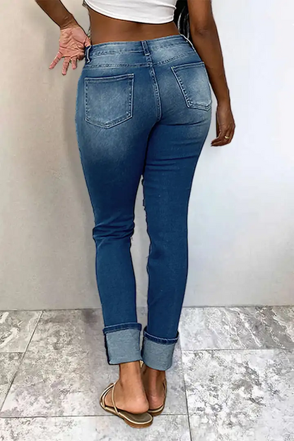 Cut Out Roll Hem Wash High Stretch Low Waist Skinny Jeans