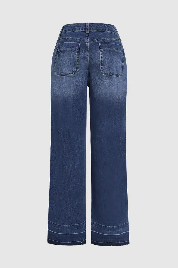 Wash Stitch Detail Mid Waist Wide Leg Jeans Without Belt