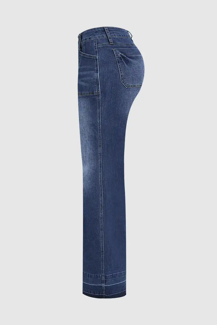 Wash Stitch Detail Mid Waist Wide Leg Jeans Without Belt