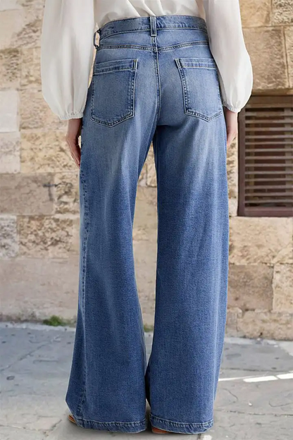 Wash Stitch Decor Wide Leg Mid Rise Jeans Without Belt