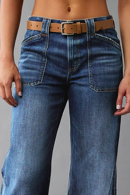 Wash Stitch Detail Mid Waist Wide Leg Jeans Without Belt