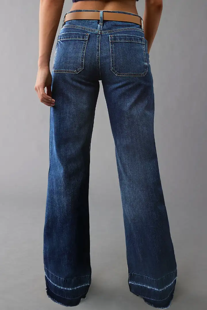 Wash Stitch Detail Mid Waist Wide Leg Jeans Without Belt