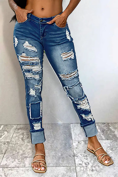 Cut Out Roll Hem Wash High Stretch Low Waist Skinny Jeans