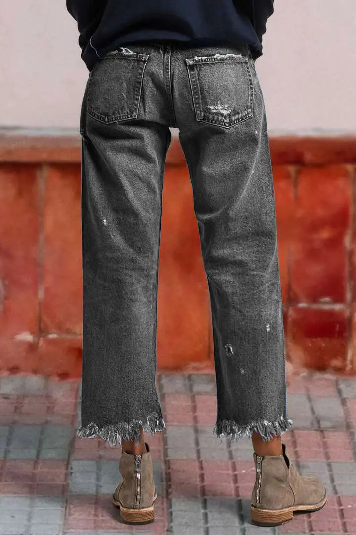 Wash Raw Hem Ripped Mid Rise Barrel Leg Jeans