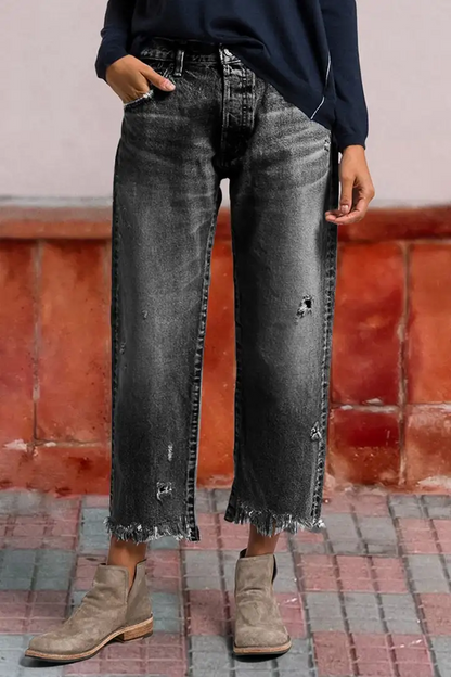 Wash Raw Hem Ripped Mid Rise Barrel Leg Jeans