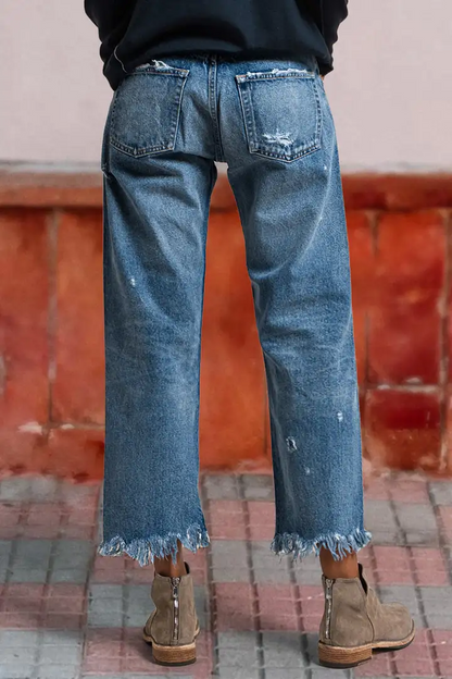 Wash Raw Hem Ripped Mid Rise Barrel Leg Jeans