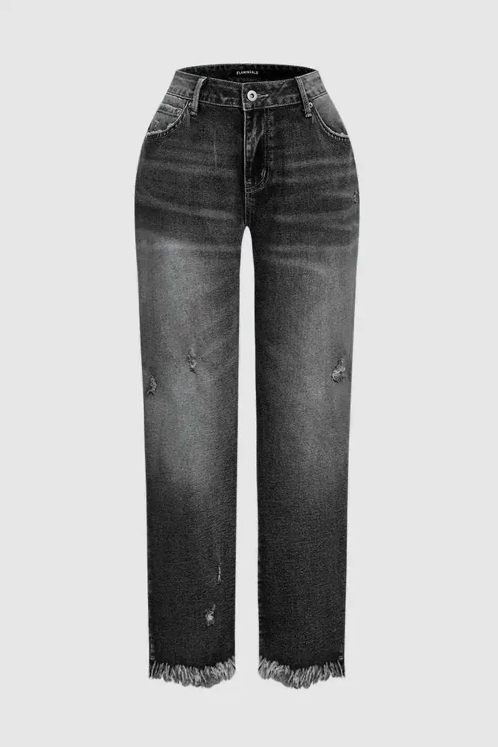 Wash Raw Hem Ripped Mid Rise Barrel Leg Jeans