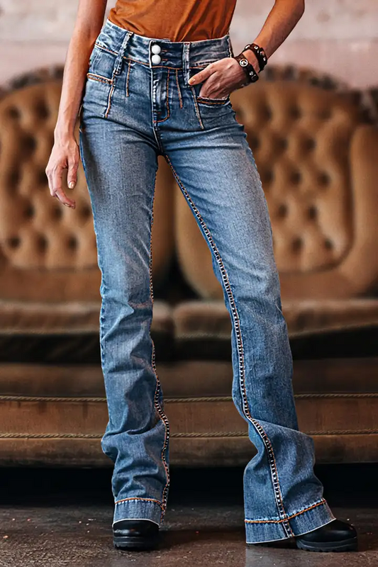 Wash Contrast Stitch Double Button Mid Rise Bootcut Jeans