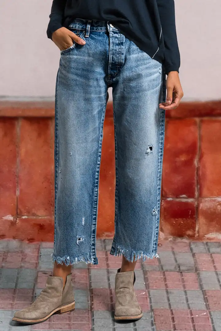 Wash Raw Hem Ripped Mid Rise Barrel Leg Jeans