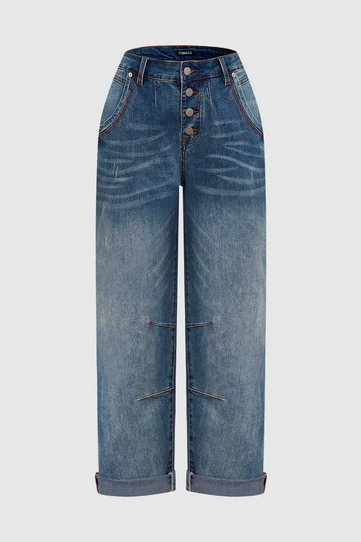 Wash Button Fly Stitch Detail Low Rise Straight Leg Jeans