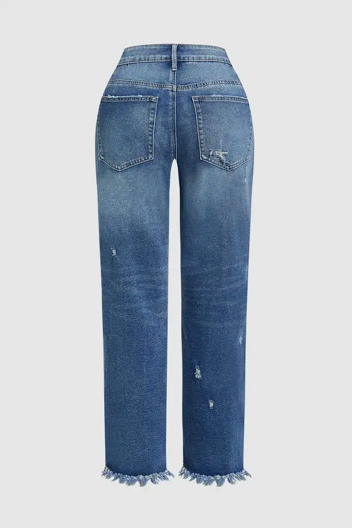 Wash Raw Hem Ripped Mid Rise Barrel Leg Jeans