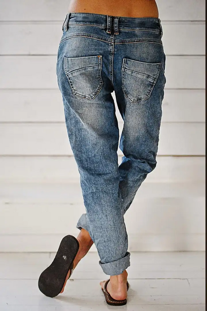 Wash Button Fly Stitch Detail Low Rise Straight Leg Jeans