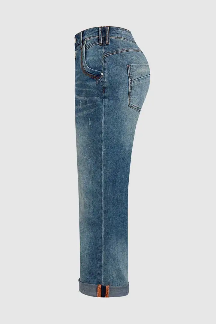 Wash Button Fly Stitch Detail Low Rise Straight Leg Jeans