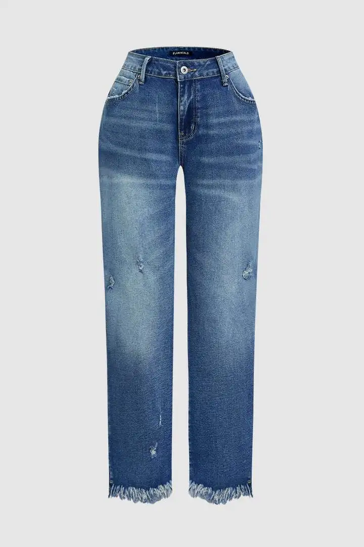 Wash Raw Hem Ripped Mid Rise Barrel Leg Jeans