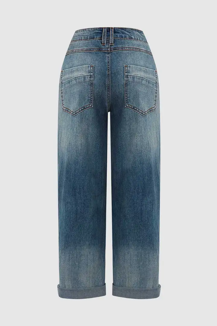 Wash Button Fly Stitch Detail Low Rise Straight Leg Jeans